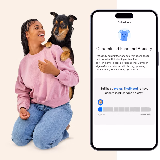 Black and tan dog on woman's shoulder next to behaviours screen